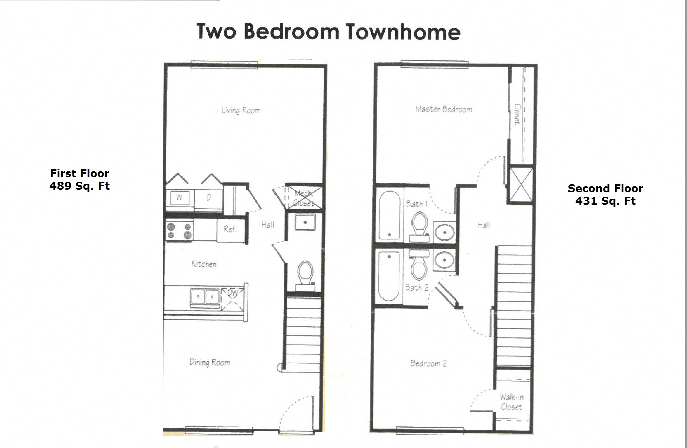 Floor plan for 2 beds, 2.5 baths, 920 sqft
